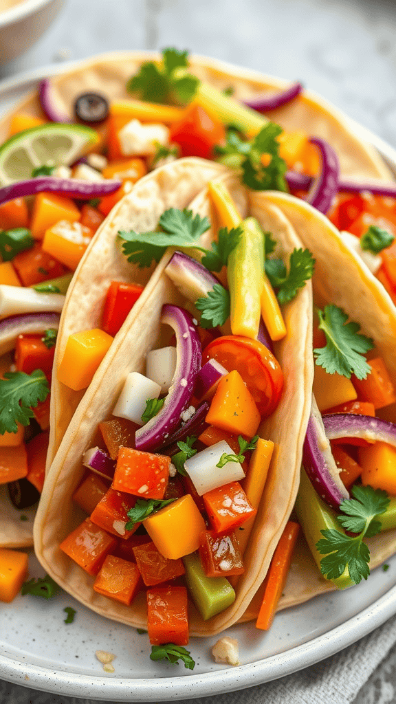 Colorful rainbow veggie tacos with various vegetables and lime vinaigrette