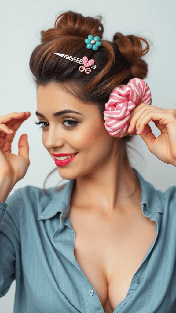 A woman with stylish hair accessories including colorful clips and a striped scrunchie.