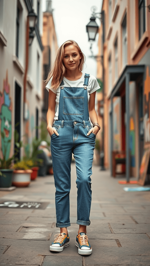 A young woman in retro denim overalls and colorful sneakers standing in a lively alley.