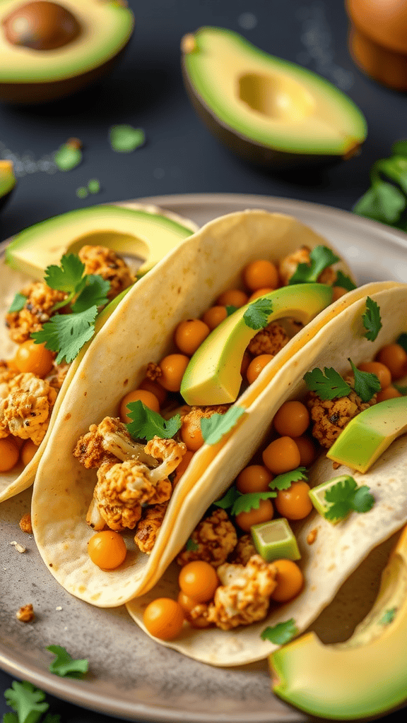 Roasted cauliflower and chickpea tacos with avocado and cilantro