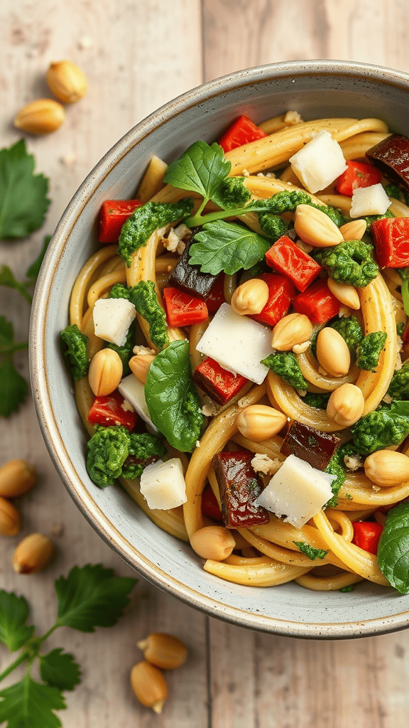 A bowl of roasted vegetable and pesto pasta topped with nuts and herbs.