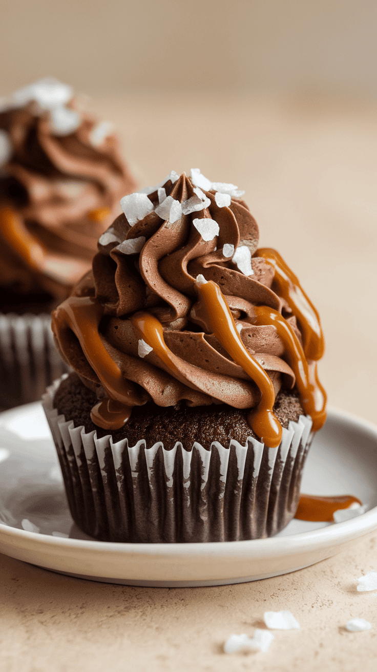 Salted caramel mocha cupcakes with chocolate frosting and caramel drizzle