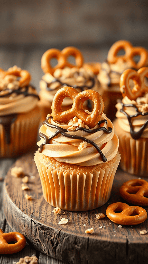 Delicious peanut butter cupcakes topped with salted pretzel crunch.