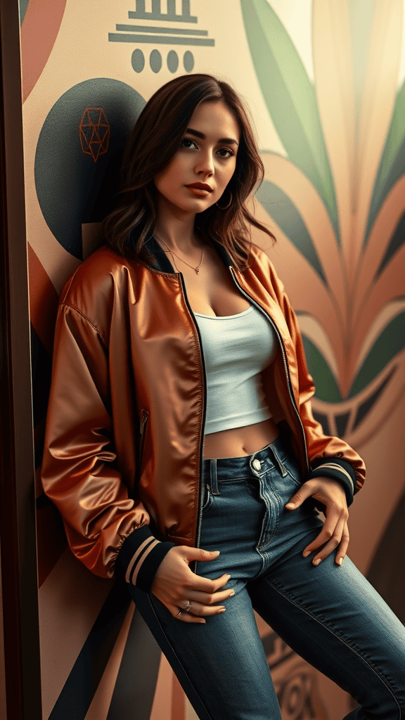 A person wearing a satin bomber jacket against a colorful wall.