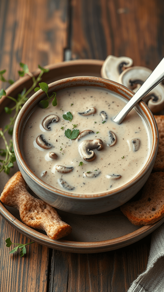 Bowl of creamy mushroom soup with fresh mushrooms and herbs surrounding it