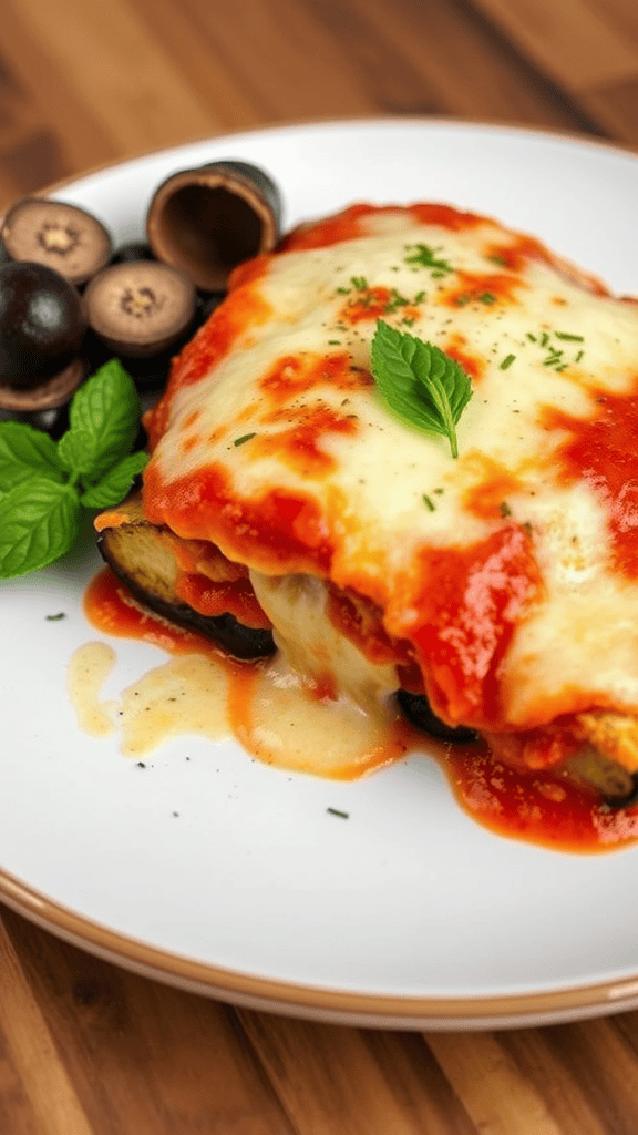 Layers of eggplant parmesan topped with marinara sauce and cheese