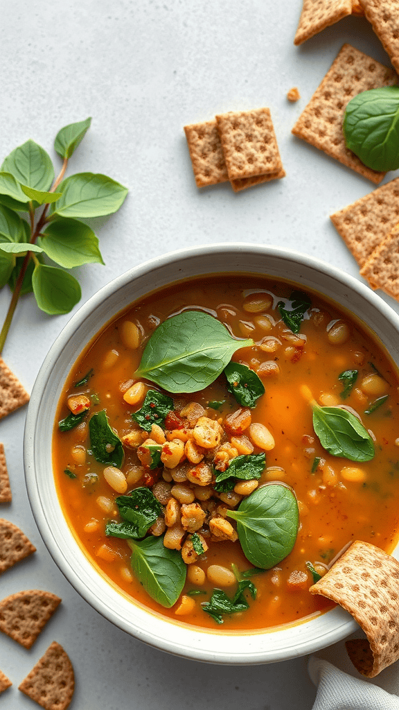 A bowl of lentil soup topped with spinach and crispy lentils, surrounded by crackers and fresh greens.