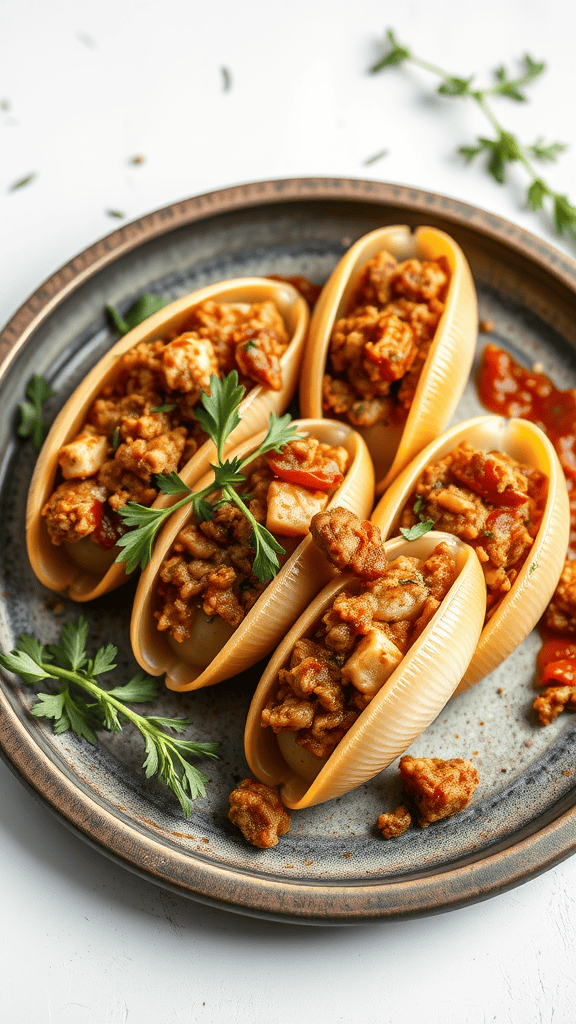 Plate of stuffed pasta shells filled with savory meat and cheese, garnished with parsley.