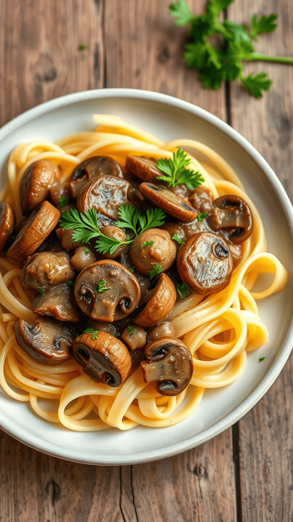 A delicious bowl of Mushroom Stroganoff with pasta, garnished with fresh herbs.