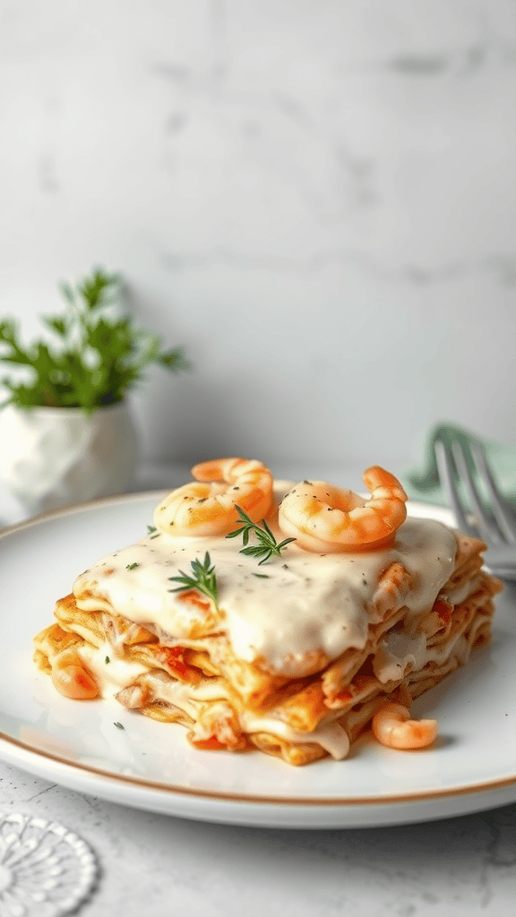 A delicious serving of seafood lasagna with shrimp and crab, topped with creamy sauce and herbs.