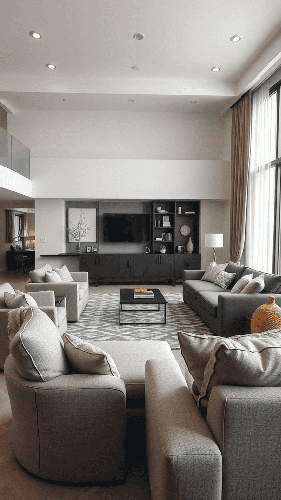 A modern living room featuring a sleek sofa and cozy accent chairs, arranged for comfort and conversation.