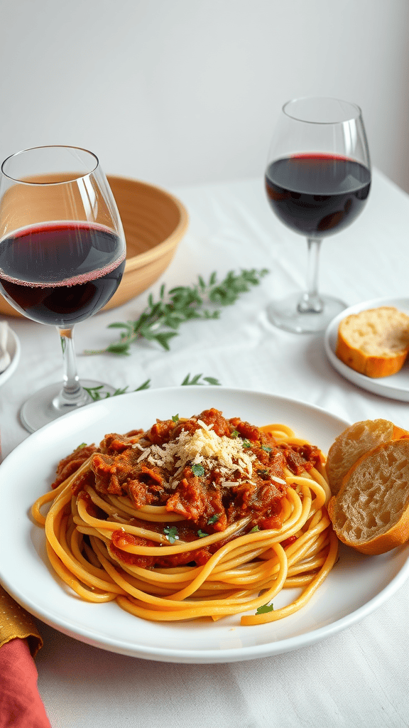 A plate of spaghetti Bolognese garnished with cheese and parsley, served with sliced bread and red wine.