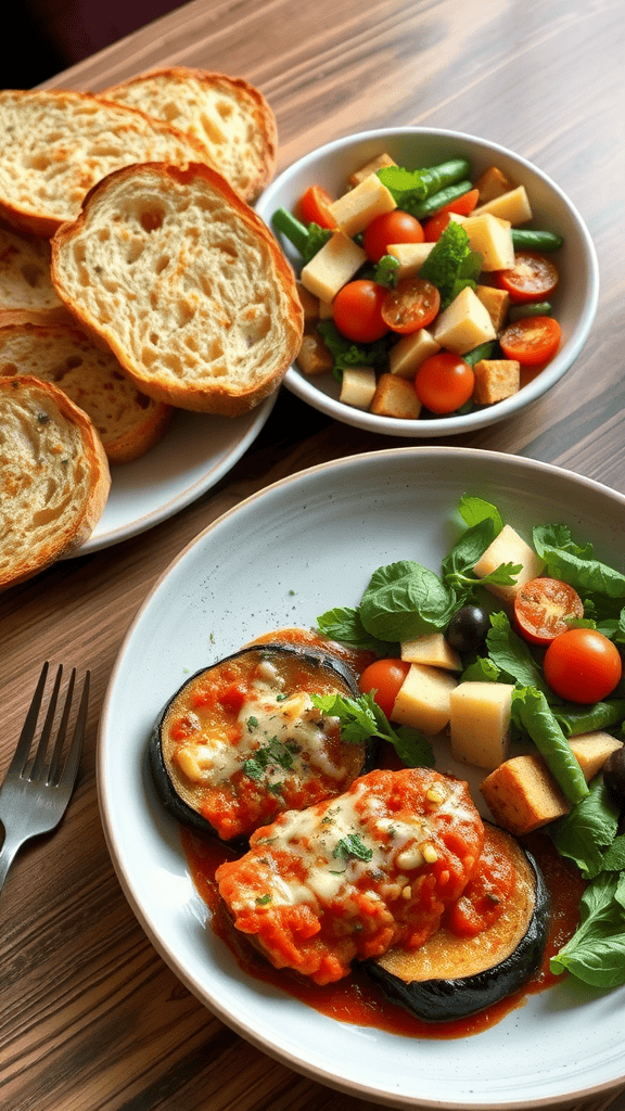 A plate of Eggplant Parmesan served with garlic bread and a fresh salad on the side.