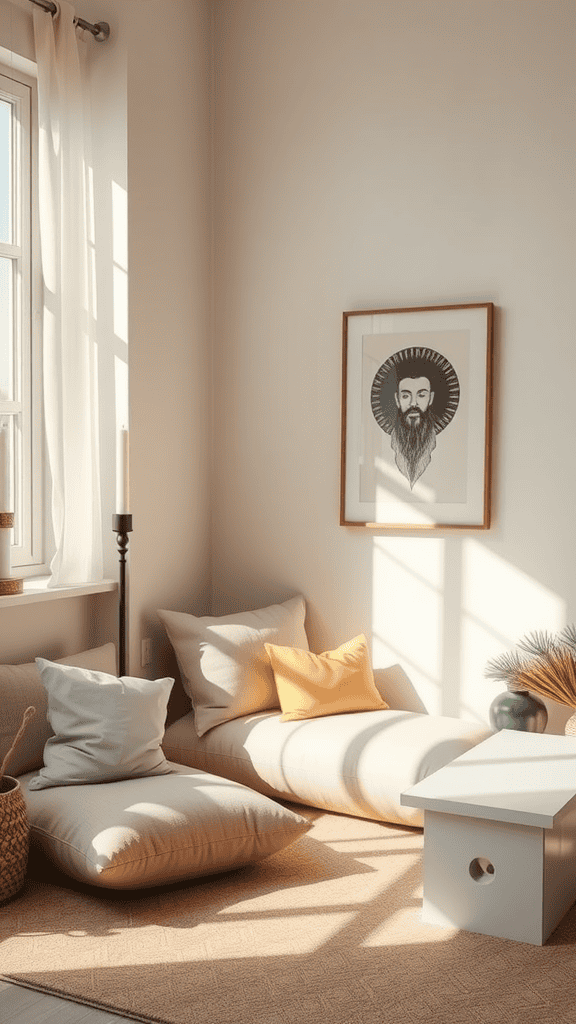 Cozy meditation space with cushions, natural light, and artwork
