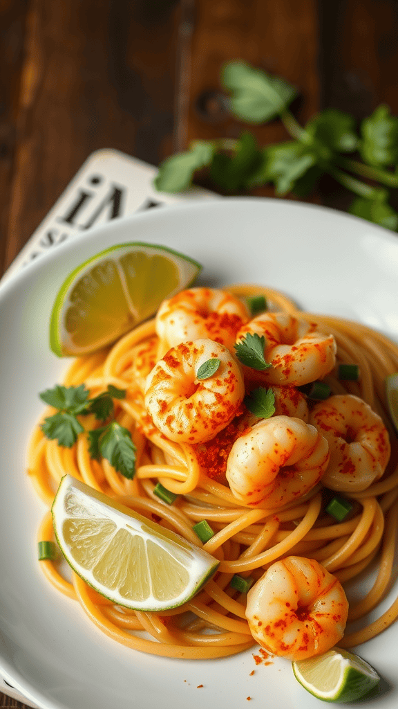 A plate of shrimp pad thai with lime and cilantro, showcasing vibrant colors and textures.