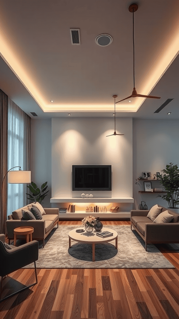 A modern living room featuring sleek lighting fixtures, including ceiling lights and pendant lights, with stylish furniture and decor.