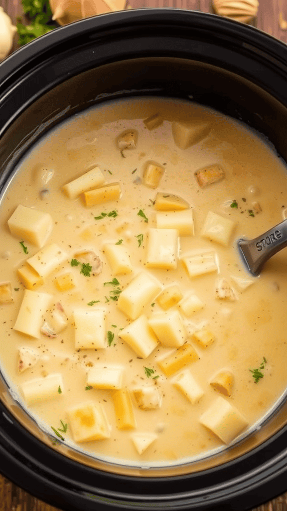 A slow cooker filled with creamy potato soup and vegetables, with the words 'Potato Soup' featured prominently.