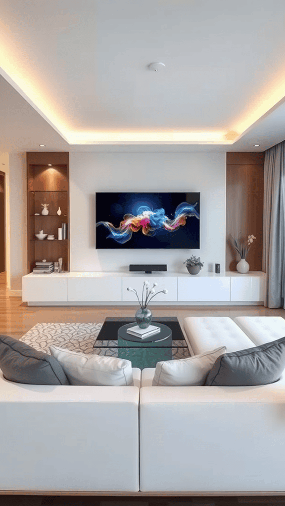 Modern living room featuring smart tech integration with stylish furniture and decor