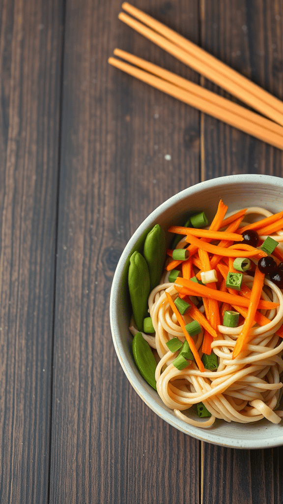 A colorful soba noodle and edamame bowl with carrots, snap peas, and green onions on a wooden table.