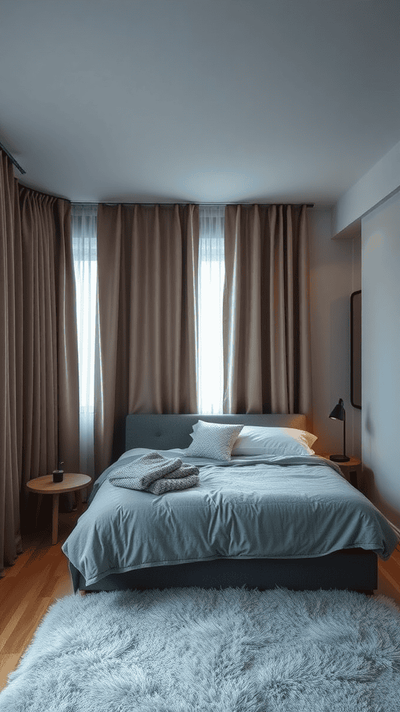 A cozy bedroom featuring large curtains, a comfortable bed with soft bedding, and a plush rug, creating a serene atmosphere.