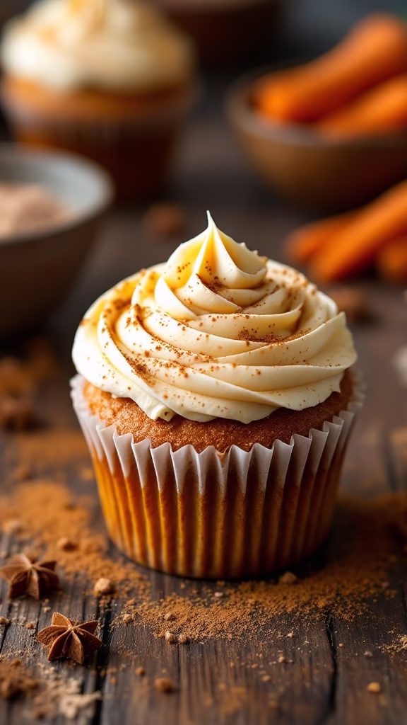 Spiced Chai Carrot Cupcake with cream cheese frosting and a small carrot decoration on top.