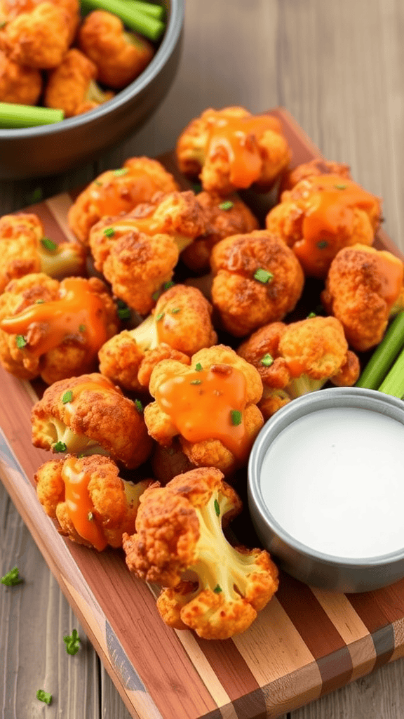 Spicy cauliflower buffalo bites on a wooden platter with dipping sauce