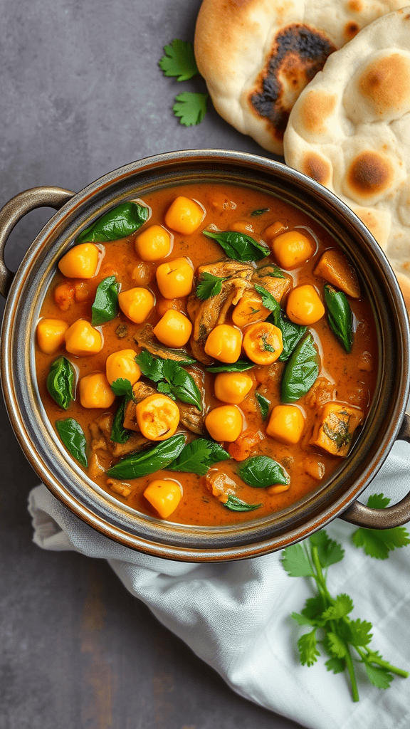 A bowl of spicy chickpea and spinach curry with naan bread on the side.