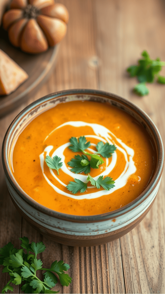 A bowl of spicy chipotle potato soup garnished with cilantro and swirl of cream.
