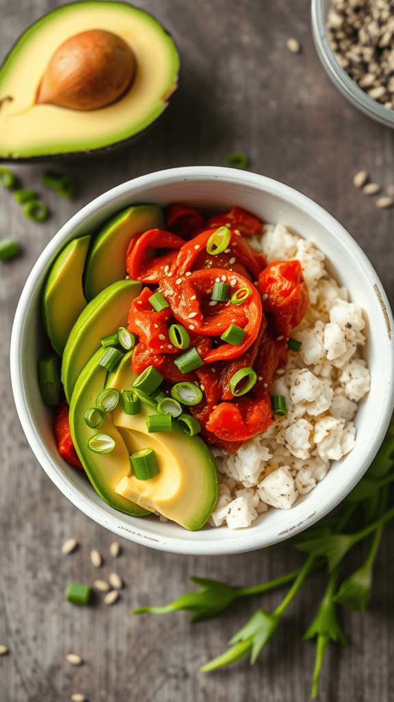 A vibrant bowl featuring rice, spicy kimchi, sliced avocado, and sprinkled green onions.