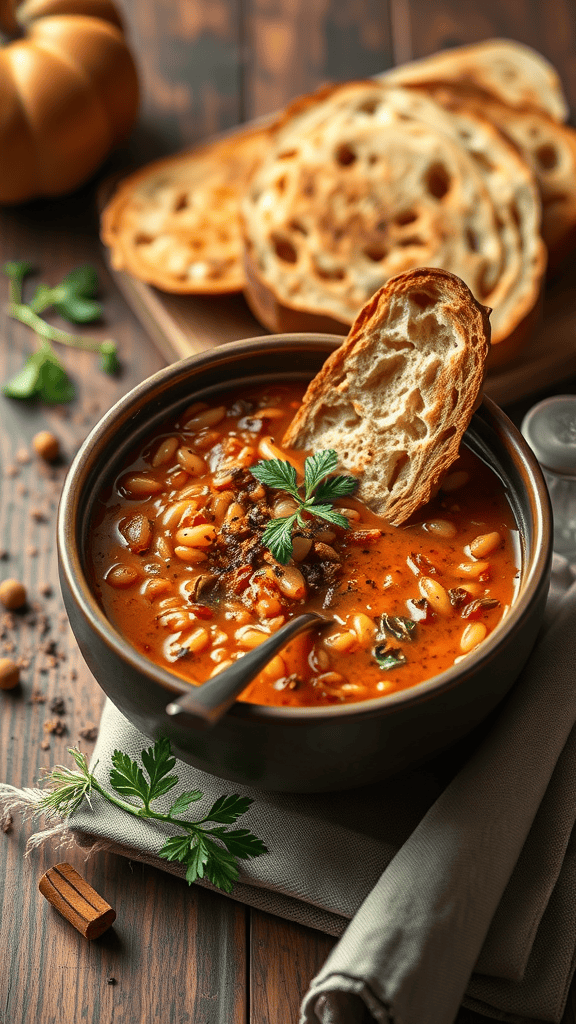 A bowl of spicy Moroccan lentil soup with a slice of crusty bread, garnished with fresh herbs.