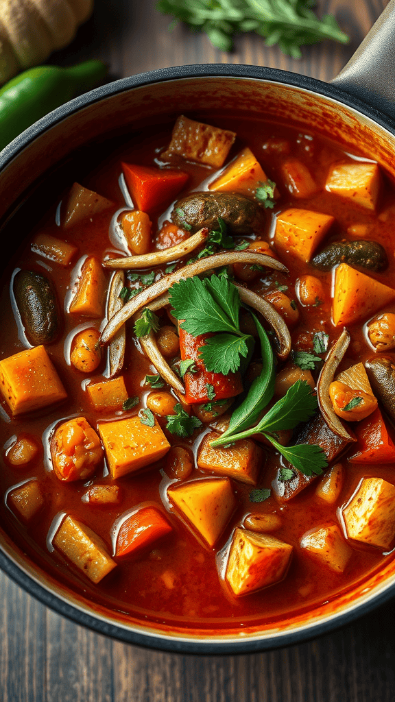A bowl of spicy roasted vegetable chili with vibrant vegetables and herbs.