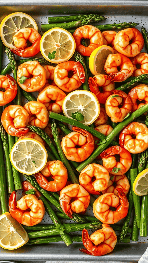 A colorful sheet pan meal featuring spicy shrimp, asparagus, and lemon slices.