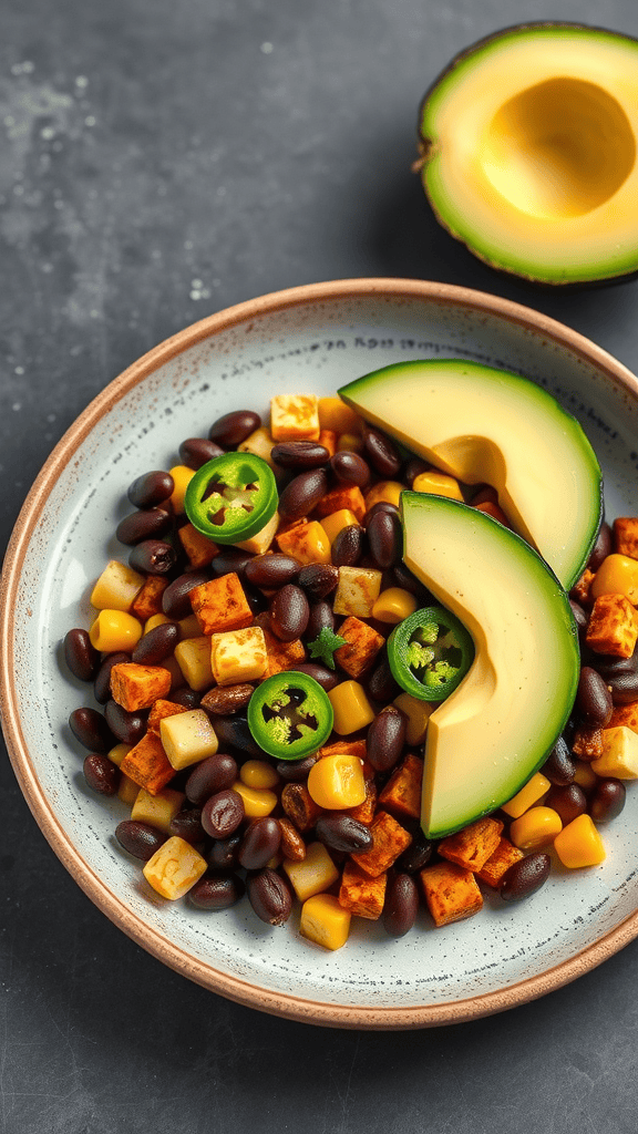 A colorful bowl of spicy southwest tofu scramble with black beans, corn, and avocado slices.
