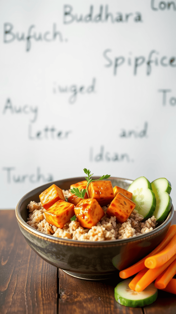 A bowl featuring spicy Sriracha tofu on a bed of brown rice, garnished with cucumber slices and carrots.