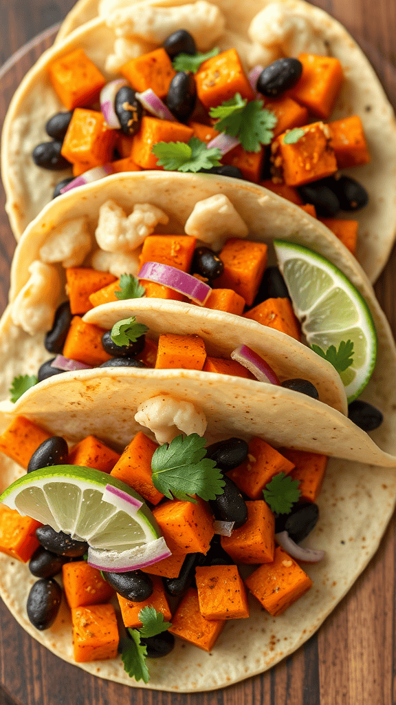 Spicy Sweet Potato and Black Bean Tacos with cilantro and lime