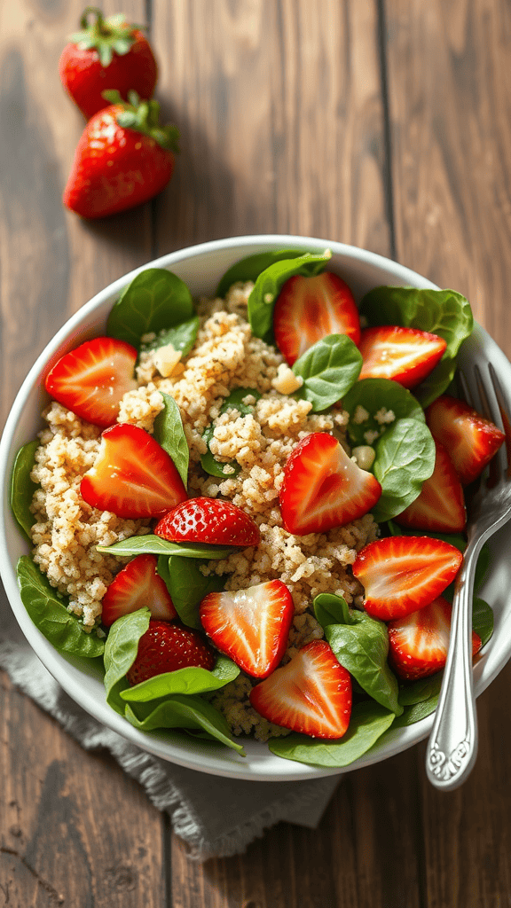 A fresh spinach, strawberry, and quinoa salad in a bowl.