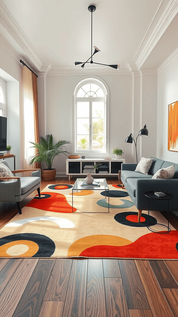 A modern living room featuring a colorful statement rug with bold patterns, complementing contemporary furniture.