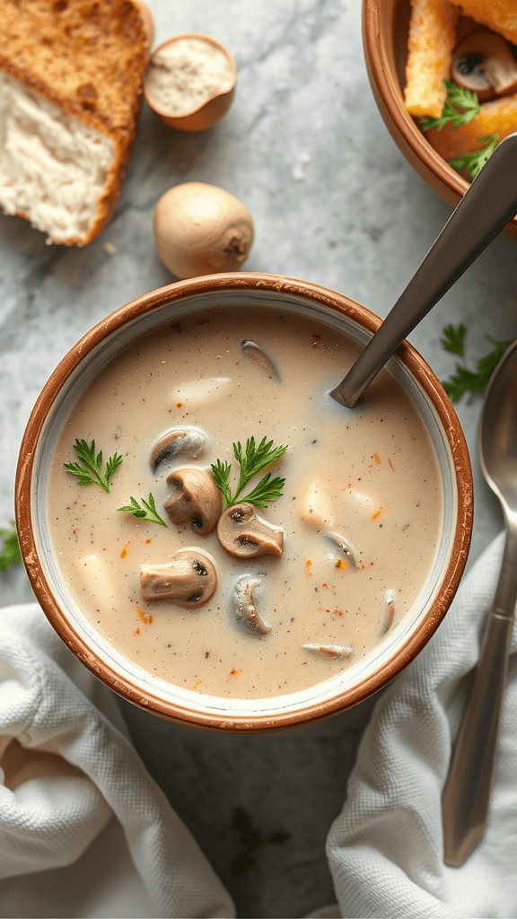 Jars of cream of mushroom soup stored in a refrigerator with parsley leaves