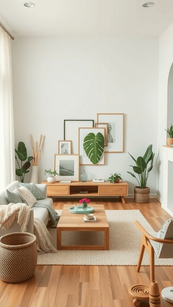 A modern living room featuring sustainable decor with wooden furniture, plants, and natural materials.