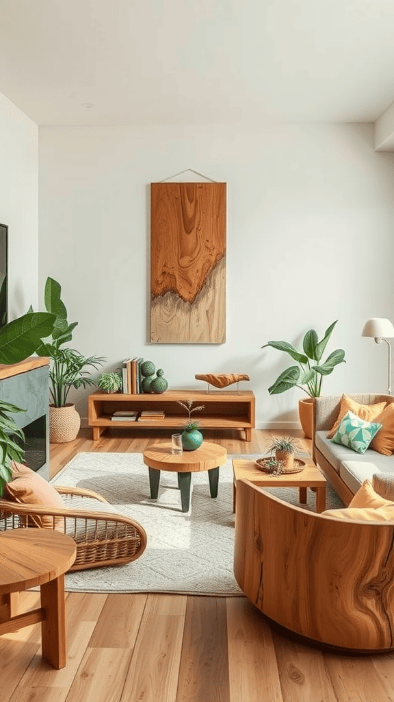 Warm and inviting living room with sustainable wooden furniture and indoor plants.