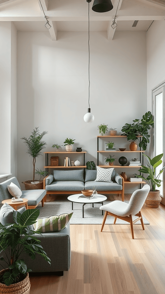 A cozy living room with comfortable furniture and plants.