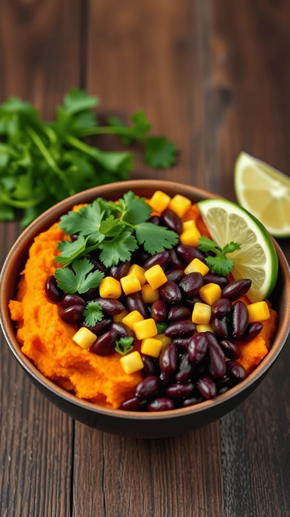 A colorful bowl featuring mashed sweet potatoes, black beans, corn, cilantro, and lime.