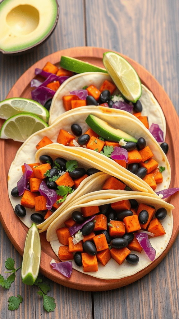 Delicious sweet potato and black bean tacos with lime wedges and cilantro on a wooden platter