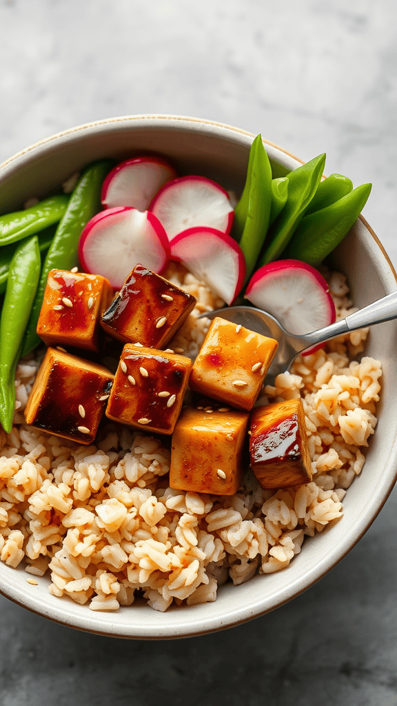 A colorful Buddha bowl featuring teriyaki tofu cubes, brown rice, sugar snap peas, and sliced radishes.