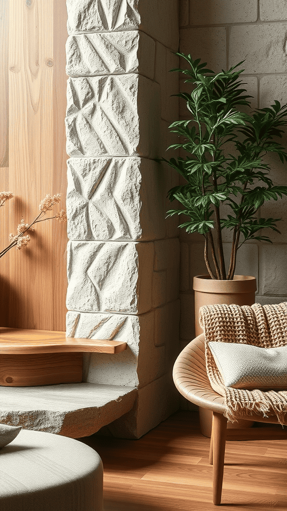 Cozy indoor space featuring textured stone wall, wooden elements, and a potted plant.