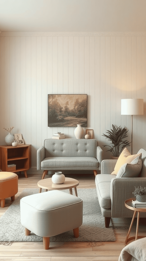 Cozy living room with gray sofas, orange ottoman, and a green plant