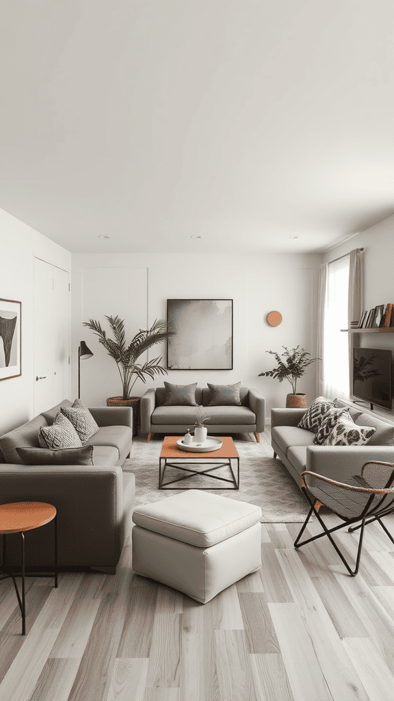 A modern living room with grey sofas, a coffee table, and plants, demonstrating good use of scale and proportion in furniture.