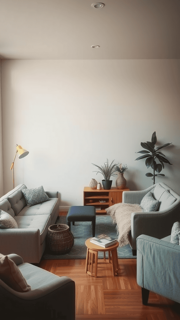 Cozy living room with sofas, plants, and warm lighting