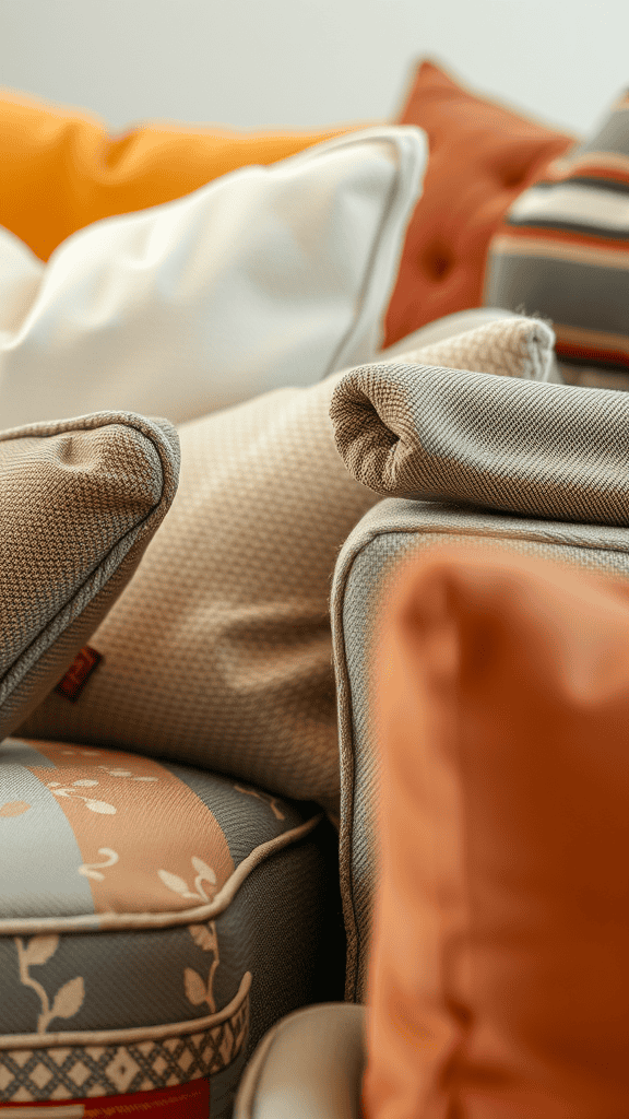 An assortment of colorful cushions showcasing various textures and materials, emphasizing comfort.