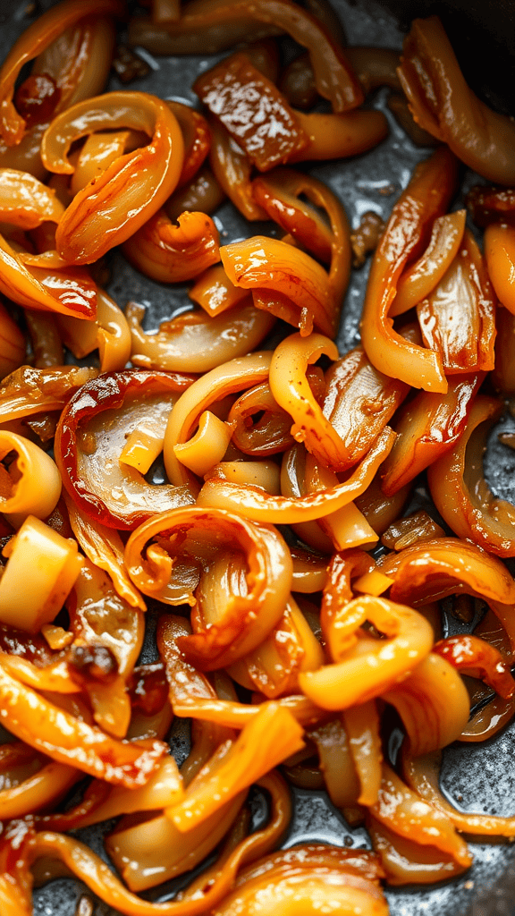 A close-up of perfectly caramelized onions in a pan.
